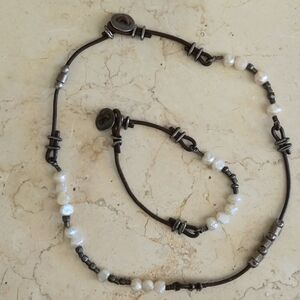Silpada Brown Leather and White Pearl Necklace & Bracelet